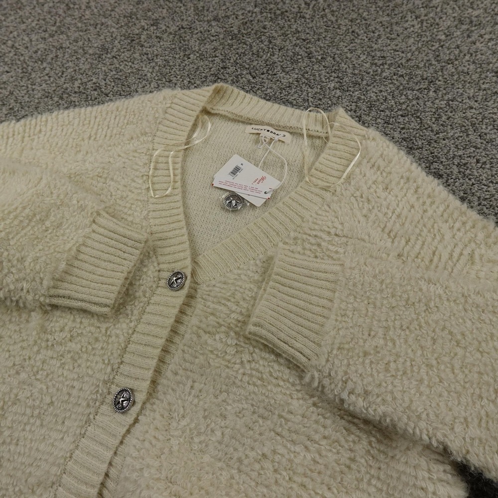 NEW Lucky Brand Cardigan Womens XL White Cream Boucle Knit Button Sweater Coat